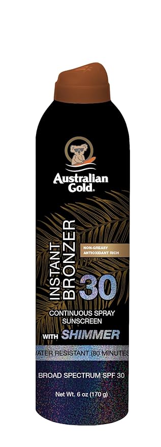 Australian Gold SPF 30 Continuous Sunscreen Spray with Instant Bronzer & Shimmer, 6 oz, Broad Spectrum UVA/UVB Protection, Water Resistant Scented Spray Sunscreen, Cocoa Dreams Fragrance
