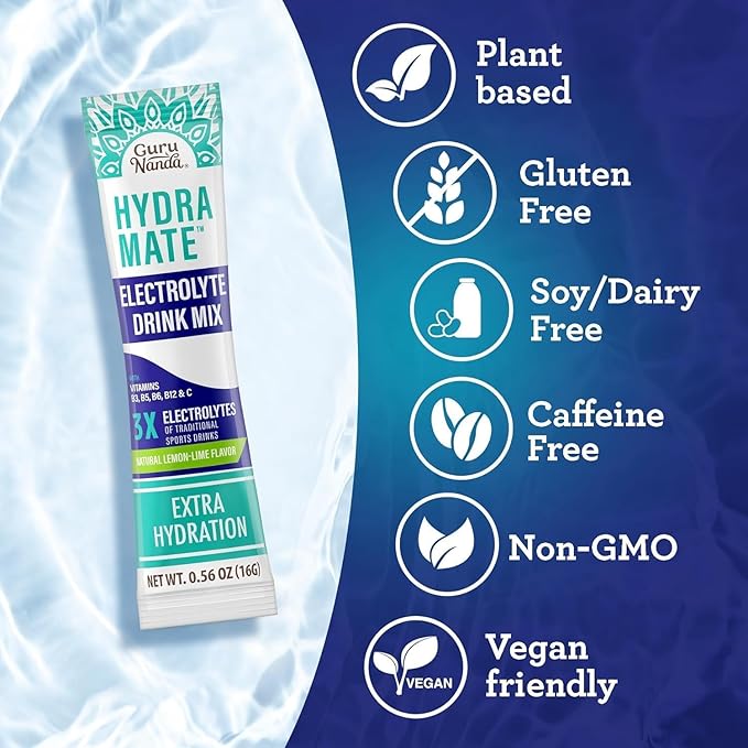 GuruNanda Hydramate Hydration Support Drink Mix - Electrolyte Powder Packets for Dehydration, Exercise & Energy - No Added Sweeteners, Non-GMO, Natural Lemon Lime Flavor - 24 Count (0.56 oz Each)