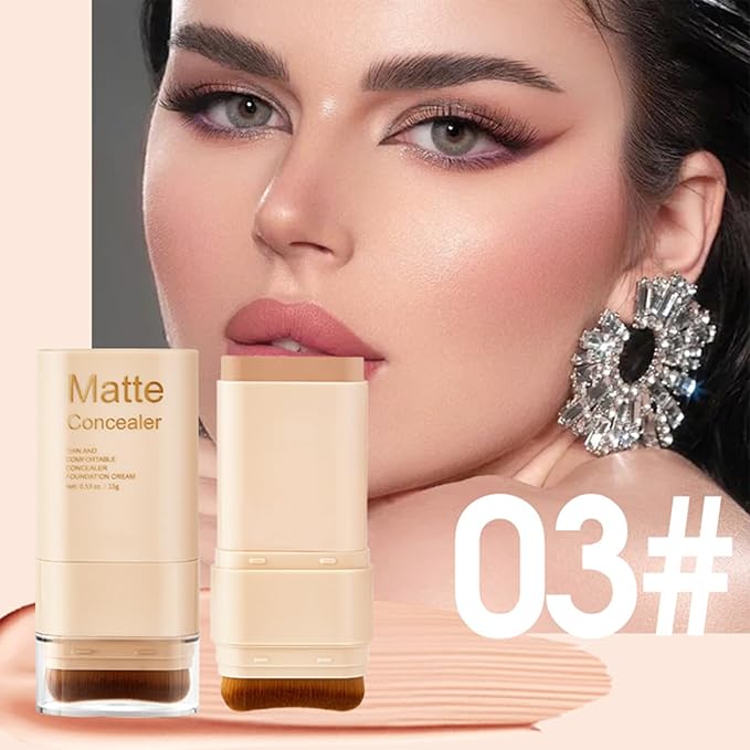 Foundation Stick, 2 in 1 Dual-Ended Eraser Contour Stick with Brush, Tinted Moisturizer, Beauty Balm Skin Tint, Concealer Foundation Sticks for Face Makeup, Sheer to Medium Coverage, Dewy Finish (＃03)
