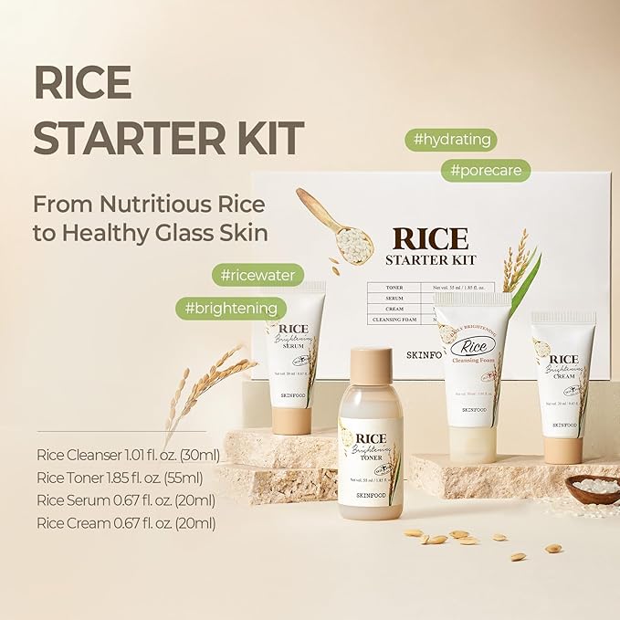 SKINFOOD Rice Starter Kit, Rice Toner, Rice Serum, Rice Moisturizer, and Rice Face Wash for Glass Skin, Korean Skin Care Set, Travel Size Kit, Stocking Stuffers, Gift Set for Women, Skincare Gift Set