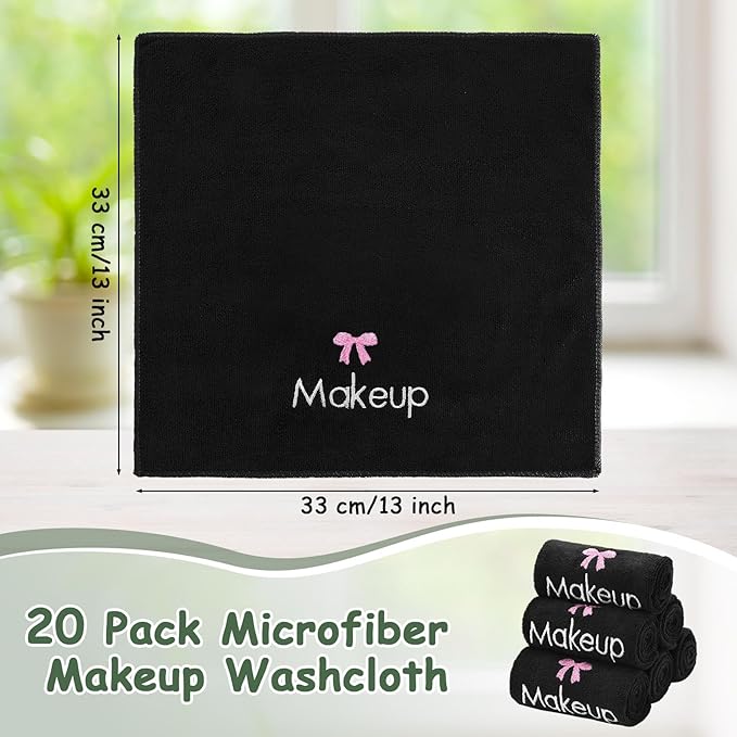 Shimeyao 20 Pack Makeup Towels Black Makeup Washcloths for Face Pink Bow Soft Microfiber Remover Cloth 13x13 Inch Quick Dry Face Towels for Cleansing Hand