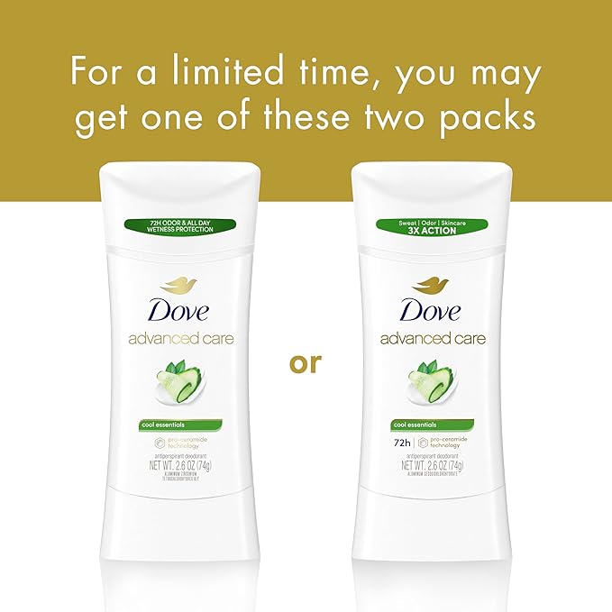 Dove Advanced Care Anti Deo Stick Cool Essentials Pack of 12 for helping your skin barrier repair after shaving 72 h odor control and all-day sweat protection with Pro Ceramide Technology 2.6 oz