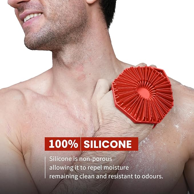iTokGoK® Premium Silver-Infused 2-in-1 Silicone Body Scrubber, Double-Sided Design Body Brush Silicone Body Scrubber Exfoliating Body Brushes for All Skin for Showering, Lathers Well- Red