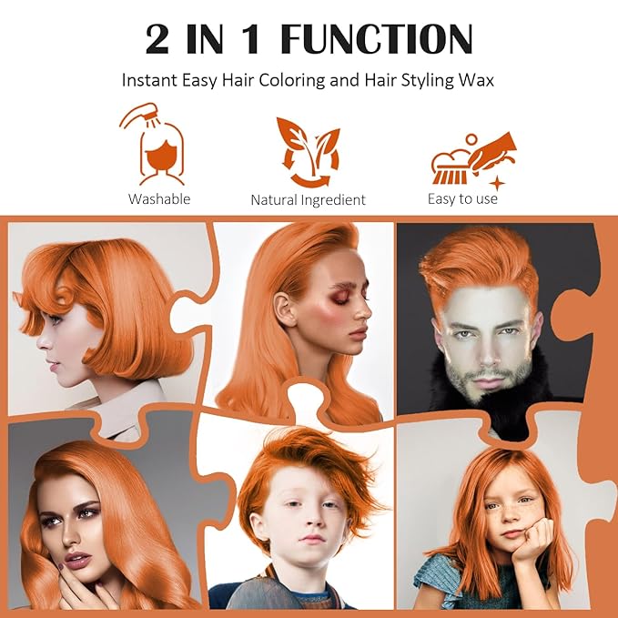 Orange Temporary Hair Color Wax, Instant Natural Hairstyle Cream Dye, Washable Styling Pomadesfor Men Girls Women Youth, Disposable Coloring Mud for Party Cosplay DIY Halloween