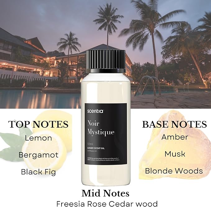 Scentia Noir Mystique – Hotel-Inspired Diffuser Oil, 120ml (0.67 fl oz) | Essential Oil Blend of Rose, Bergamot, Lemon & Musk | Luxury Aroma for Aromatherapy Diffusers & Humidifiers, Thanksgiving Gift