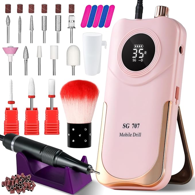 Portable Electric Nail Drill Cordless,35000 RPM Electric Nail File with Holder,Rechargeable Nail Drill E Filer for Nails,Electric Nail Buffer Nail Filer Electric Tool for Women (Pink)