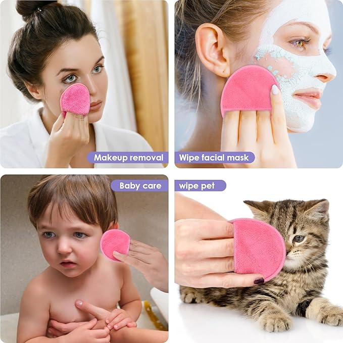 SUNLAND Reusable Makeup Remover Pads for Face,Eye,Lips 16 Pack Microfiber Face Cleansing Gloves Washable with Laundry Bag and Travel Bag Rounds Toner Pads（Round 3.15inchx16 Pink）
