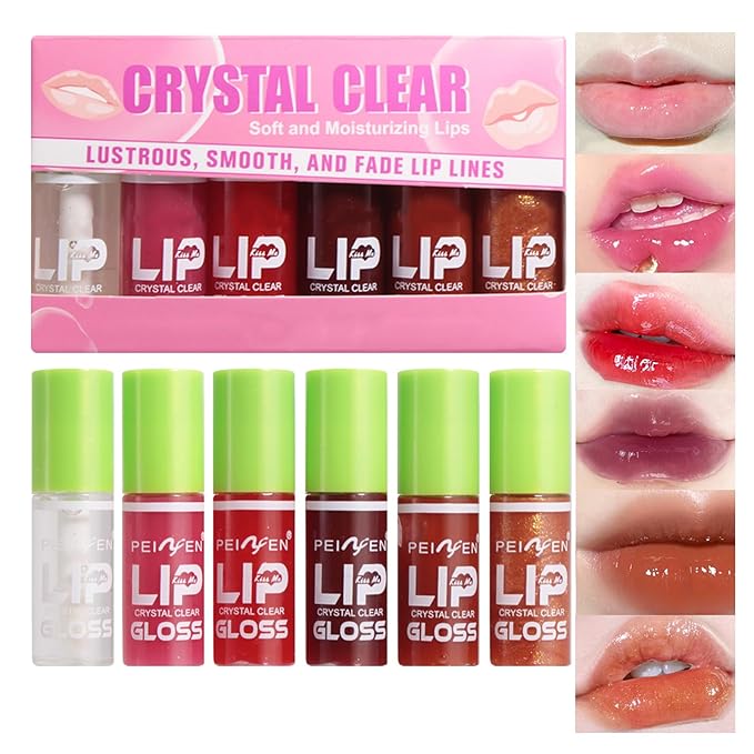 6PCS Fat Oil Lip Gloss Mini,Small Brush Head Hydrating Transparent Lip Glow Oil for Women Moisturizing Tinted Lip Plumper Gloss Longlasting Non-sticky