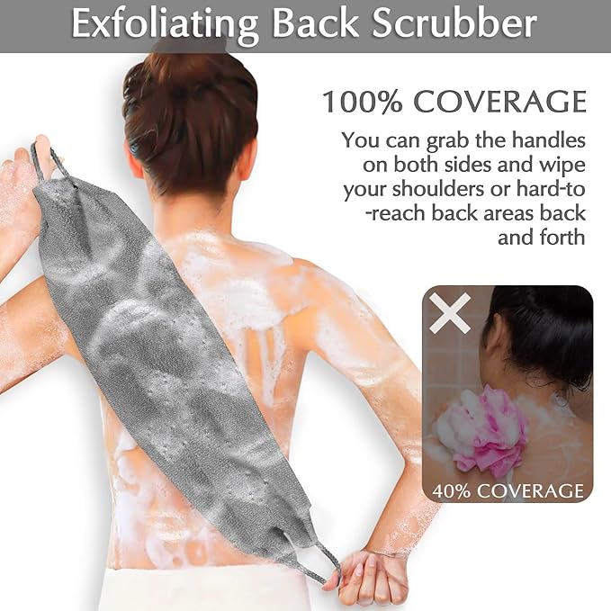 Anezus Exfoliating Back Scrubber Bath Gloves Set, Exfoliating Shower Towel with Shower Gloves for Body Scrub, Back Cleaner Wash Gloves to Remove Dead Skin (Grey)