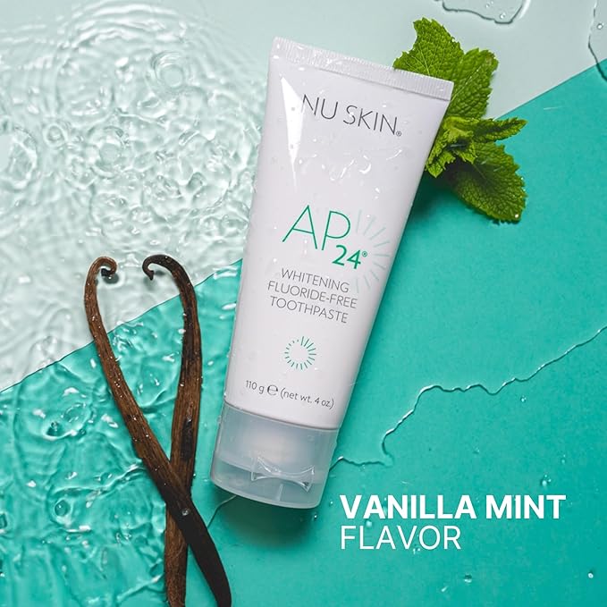 Nu Skin AP 24 Whitening Fluoride - Free Toothpaste | AP 24 Blend | Vanilla Mint Flavor | Brightens Teeth | Removes Surface Stains | Prevents Dental Cavities & Plaque | Enamel-Safe | 4 oz | 1 Pack