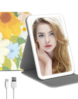 Rechargeable Travel Lighted Makeup Mirror with PU Leather Cover, Portable Travel Makeup Mirror with Lights, 3 Color Lighting,Touch Sensor Dimmable, Light Up Tabletop Cosmetic Mirror Folding Flower