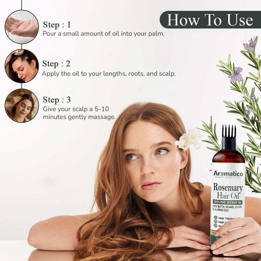 100% Pure Rosemary Oil for Hair Growth, Hair-fall Control & Hair Thickening. Enriched with Sesame, Jojoba & Almond Oils. Non-Sticky Texture. With Applicator Cap - 7 Fl Oz