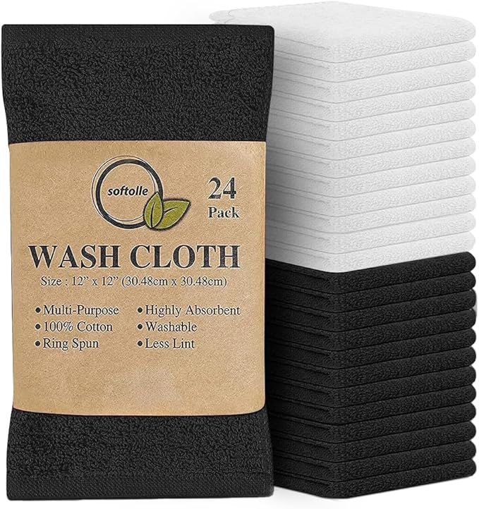 Softolle 100% Cotton Washcloths 24 Pack (12x12 Inches) Soft, Highly Absorbent Washcloth, Face Towels, Wash Cloths for Face, Ring Spun, Bulk Pack (Black/White)
