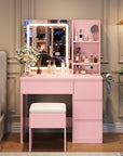 Garvee Makeup Vanity Desk with Lighted Mirror, Dressing Table Set with 4 Drawers, Power Outlet, Storage Stool, Storage Shelves, Vanity Mirror 3 Lighting Color Adjustable, Vanity Set for Bedroom, Pink