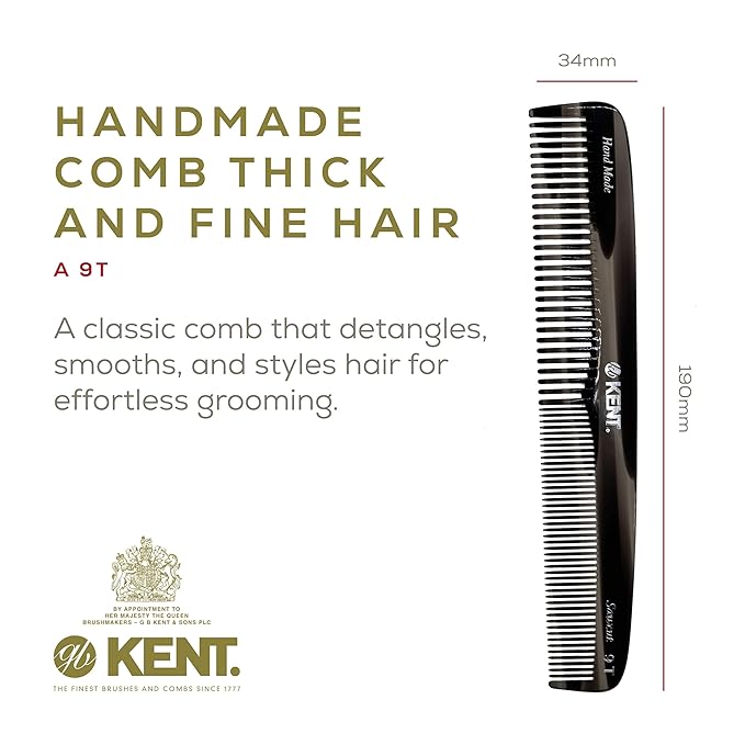 Kent 9T Black Graphite Fine Tooth and Wide Tooth Detangler Comb - Large Handmade Dressing Comb for Wet Hair and Durable Grooming, Hand Polished, Saw-Cut Made in England