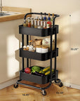 Pipishell 3 Tier Mesh Utility Cart, Rolling Metal Organization Cart with Handle and Lockable Wheels, Multifunctional Storage Shelves for Kitchen Living Room Office Black