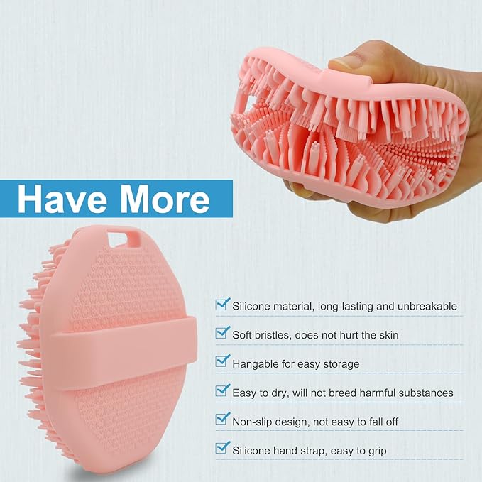 Silicone Body Scrubber, Exfoliating Shower Scrubber, Non-Slip Handle for Easy Cleaning, Travel Friendly (Pink)