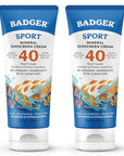 Badger Reef Safe Sport Mineral Sunscreen - Unscented SPF 40, 98% Organic, Water Resistant Zinc, Approved for Hawaii & Mexico Reefs, 2.9 fl oz, 2-Pack