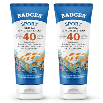 Badger Reef Safe Sport Mineral Sunscreen - Unscented SPF 40, 98% Organic, Water Resistant Zinc, Approved for Hawaii & Mexico Reefs, 2.9 fl oz, 2-Pack