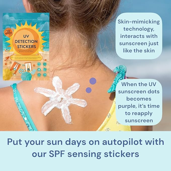 UV Stickers for Sunscreen - 72 PCS UV Detection Stickers, Kid Friendly Sun Protection Reminder, Sunscreen Patches, Summer and Beach Vacation Essentials (72)