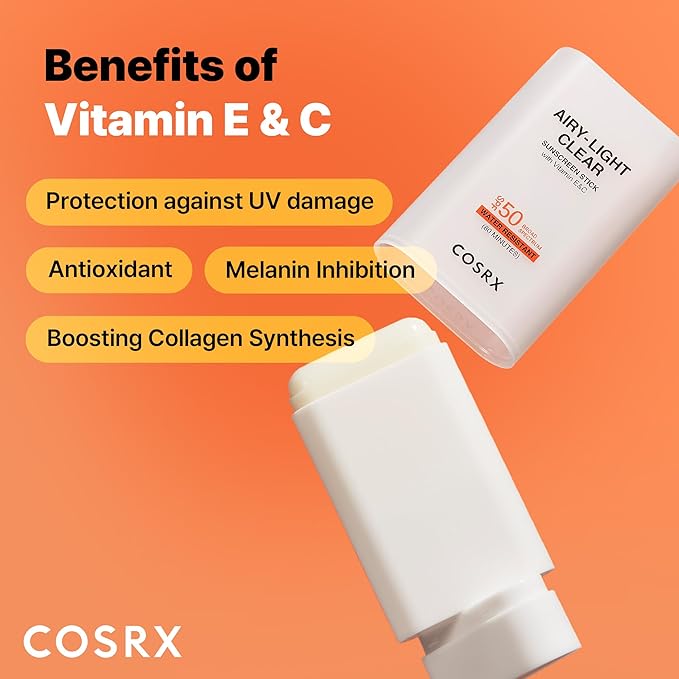 COSRX Airy-Light Clear Sunscreen Stick with Vitamin E & C SPF 50, 0.67 oz, 19g, Lightweight, Travel Essentials, Summer Essentials, Korean Skin Care, Korean Matte Sunscreen for Face