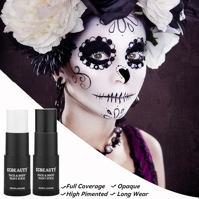 CCbeauty Clown White Face Paint Stick, Face Painting Kit, White Cream SFX Makeup Foundation, Professional Body Paint for Halloween Cosplay Costume Party，Skeleton Joker Mime Special Effects Makeup