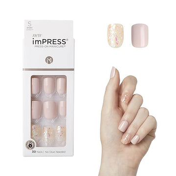 KISS imPRESS No Glue Mani Press On Nails, Design, 'Dorothy', Pink, Short Size, Squoval Shape, Includes 30 Nails, Prep Pad, Instructions Sheet, 1 Manicure Stick, 1 Mini File