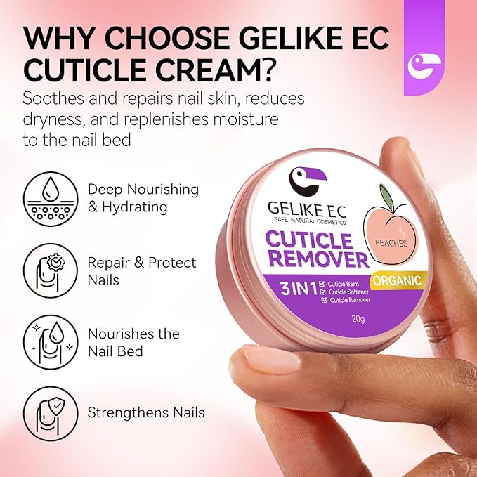gelike ec Cuticle Cream for Dry Damaged Cuticles Organic Nail Cuticle Remover for Dry, Rough Hands Cracked Rigid Skin - Professional for Salon Home Use