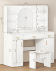 Vanity Desk with Mirror and 11 LED Lights, 43'' Makeup Vanity Table with Power Outlet & Chair, Dressing Table with 3 Drawers, 2 Cabinets and 6 Open Shelfs for Bedroom, White