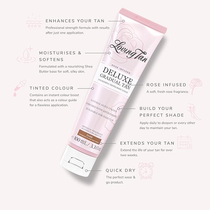 Loving Tan Rose Scented Deluxe Gradual Tan Lotion, Dark-Natural Looking Self Tanner, Professional Strength Sunless Tanner, 5+ Self Tanning Applications-Cruelty Free, Naturally Derived DHA-3.3 Fl Oz
