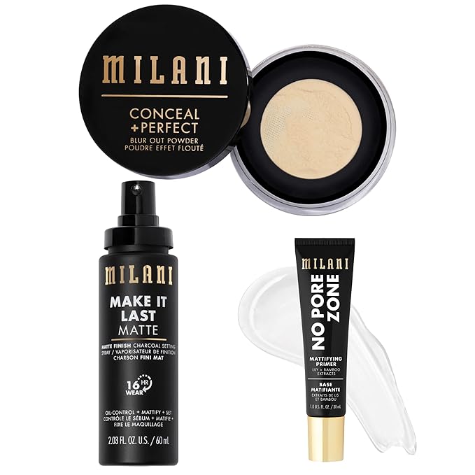 Milani Conceal + Perfect Blur Out Powder, Make It Last Matte Setting Spray, and No Pore Zone Mattifying Makeup Primer