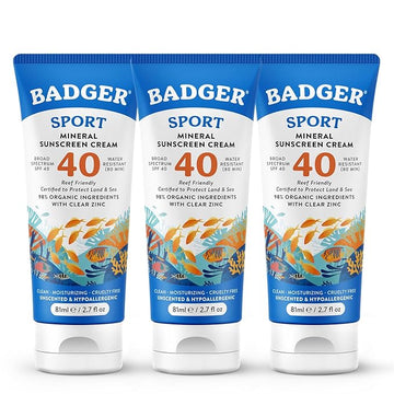 Badger Reef Safe Sunscreen, Unscented SPF 40 Sport Mineral Sunscreen, 98% Organic, Water Resistant Zinc, Approved for Hawaii & Mexico Reefs, 2.7 fl oz, 3-Pack