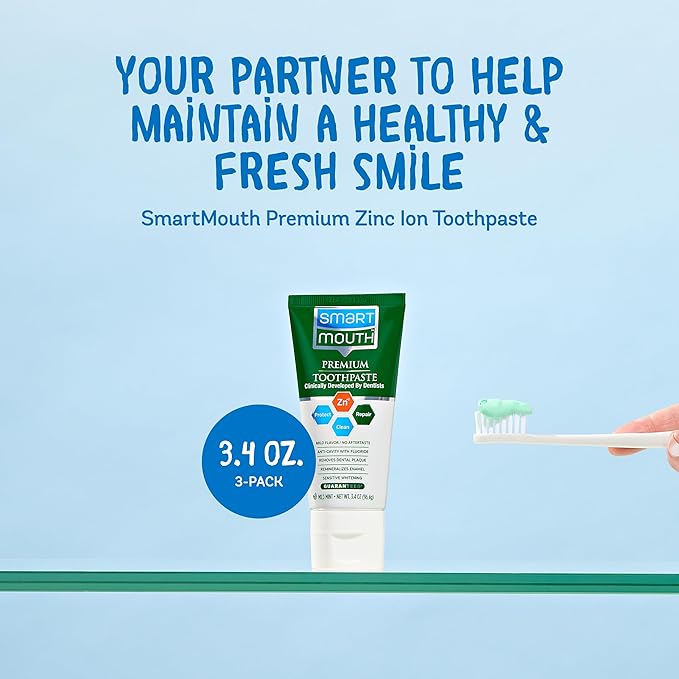 SmartMouth Premium Zinc Ion Toothpaste, Cavity, Enamel, and Plaque Help, Mild Mint, 3.4 oz, 3 Pack