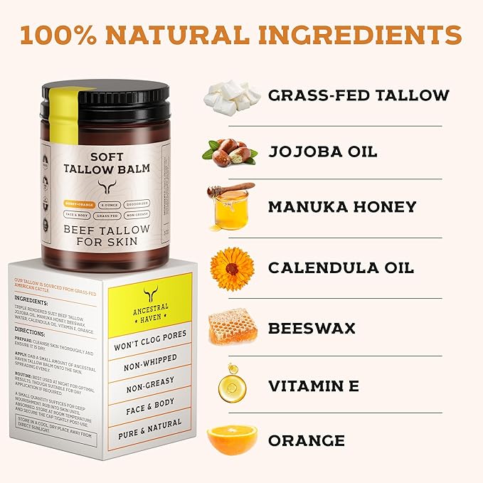 Beef Tallow for Skin - Tallow and Honey Balm For Face - Tallow Face Moisturizer - Beef Tallow Moisturizer - Tallow Balm - Grass Fed Beef Tallow For Skin - Tallow Face Cream Lotion