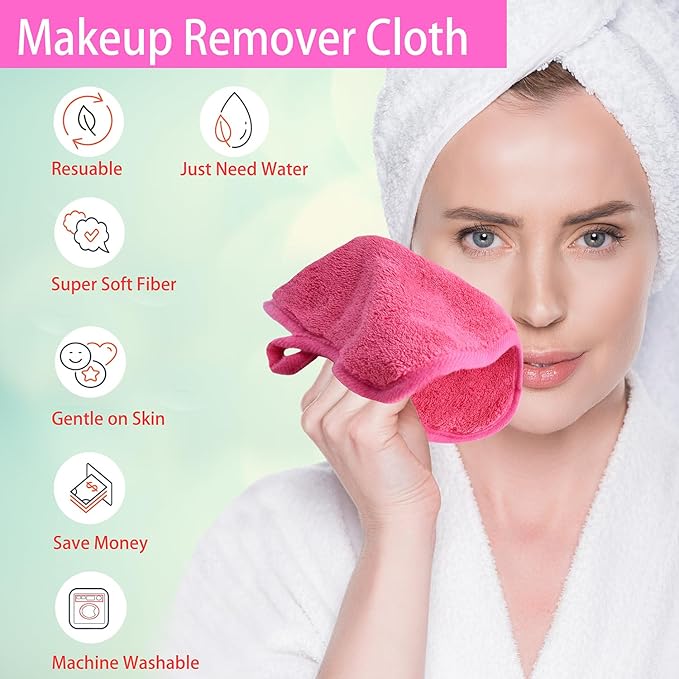 Makeup Remover Cloths for Face, Eye, Lips - Reusable Makeup Remover Pads Soft Microfiber Facial Cleansing Cloths 6 x 12 inch 12 Pack (Dark Pink)