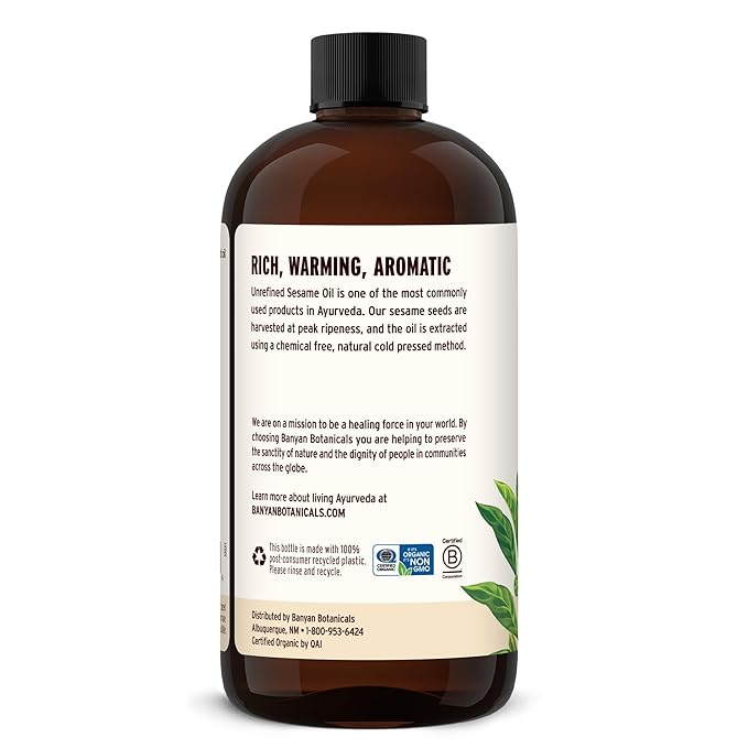 Banyan Botanicals Sesame Oil – Organic & Unrefined Sesame Oil for Skin, Body, Hair & More – Multiple Sizes – 24 oz – Non GMO Sustainably Sourced Vegan