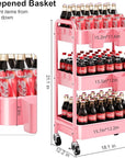 3 Tier Rolling Cart on Wheels, Metal Utility Storage Cart with Wheels, Three Tiered Craft Carts Organizer with Hanging Cups, Hooks, Mesh Basket for Bedside, Kitchen, Bathroom, Office, Art, Snack, Pink
