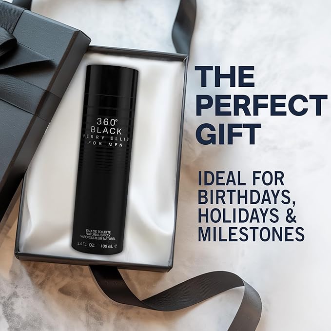 Perry Ellis 360° Black Eau De Toilette Spray for Men - Mens Cologne, Long Lasting Perfume, EDT, Fragrance with Notes of Ginger, Cardamom & Tobacco Leaf - 3.4 fl oz (100 mL)