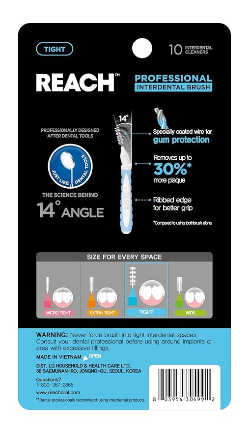 Reach Interdental Brush Cleaners, 1mm, Tight, Sensitive Gum Protection, Plaque Remover for Teeth, Braces Flossers, Braces Brush, Dental Toothbrushes, Oral Care, 6 Pack, 10 Count
