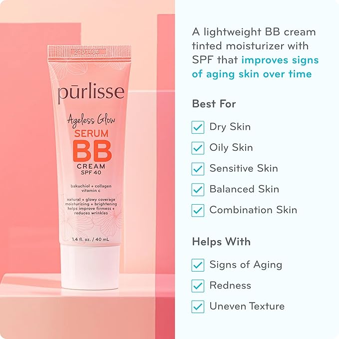pūrlisse Ageless Glow Serum BB Cream SPF 40 - Glow BB Cream with SPF Enriched with Bakuchiol & Vitamin C to Help Improve Firmness & Reduce Wrinkles for Dewy Skin - Medium Golden (1.4 oz)