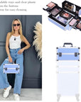 5 in 1 Professional Makeup Train Case Aluminum Cosmetic Case Rolling Makeup Case ExtraLarge Storage Organizer with Key Swivel Wheels Salon Barber Case for Make Up Nail Hairstylists, Blue