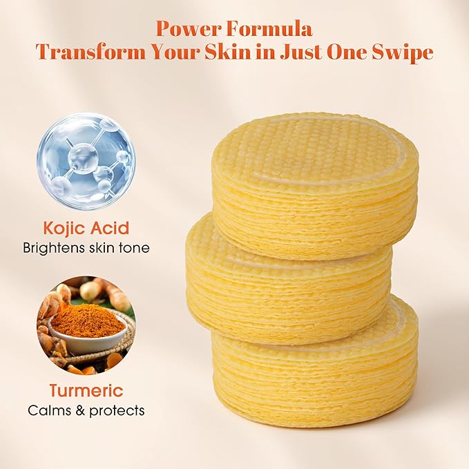 Turmeric Kojic Acid Cleansing Pads: Dark Spot Remover & Skin Brightening Exfoliating Pads – Gentle Turmeric Facial Pad for Even Skin Tone, Radiant Complexion – 50PCS