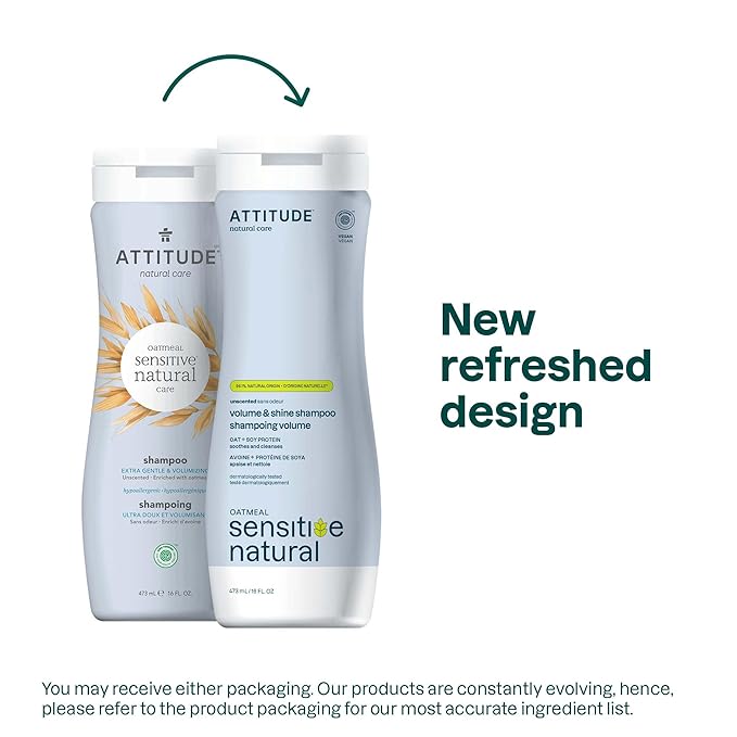 ATTITUDE Hair Shampoo for Sensitive Dry Scalp, EWG Verified, Soothing Oat, For Thin Hair, Naturally Derived Ingredients, Vegan and Plant-Based, Volume and Shine, Unscented, 16 Fl Oz