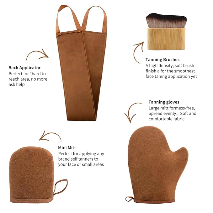 FUNAN Self Tanning Applicator Kit with Tanning Glove for Self Tan Mitt, Back Lotion Applicator, Mini Mitt and Ultra Soft Self Tanner Brush Bamboo Kabuki Brush, Brown