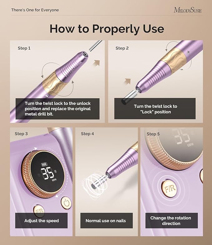 MelodySusie 2 in 1 Professional 35,000 RPM Nail Drill Kit, Coreless Rechargeable SM330G Electric Nail File, Cordless Portable Nail EFile for Acrylic Gel Nail Polish Removal, Lightweight & Quiet Purple