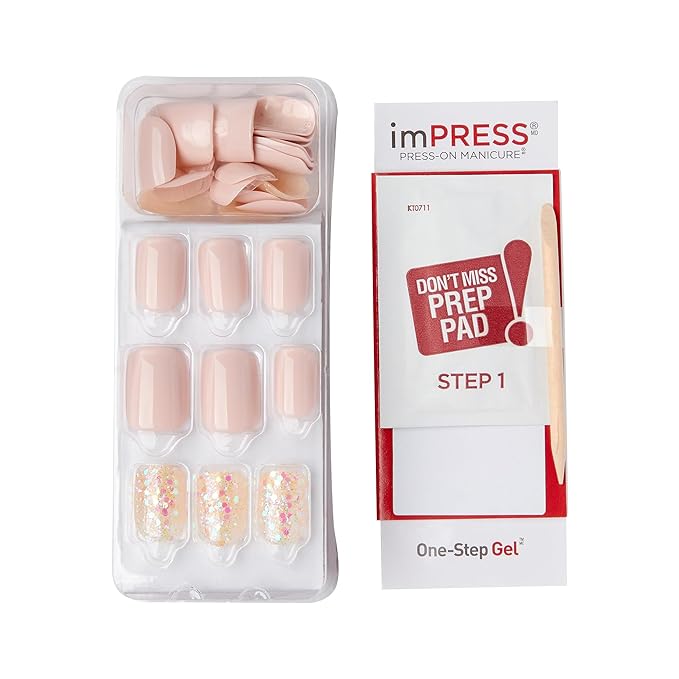 KISS imPRESS No Glue Mani Press On Nails, Design, 'Dorothy', Pink, Short Size, Squoval Shape, Includes 30 Nails, Prep Pad, Instructions Sheet, 1 Manicure Stick, 1 Mini File
