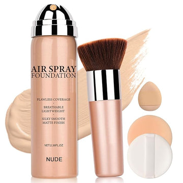 Magic Minerals Airbrush Foundation Full Coverage Foundation for Smooth Nude Finish,Moisturizing Airbrush Flawless Setting Spray Waterproof with Brush and 2 Powder Puffs (05 Nude)