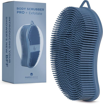 MainBasics Silicone Body Scrubber – Dual-Sided Shower Exfoliator for Men & Women, Gentle Silicone Loofah Alternative for Deep Clean (Dark Blue, Exfoliate)