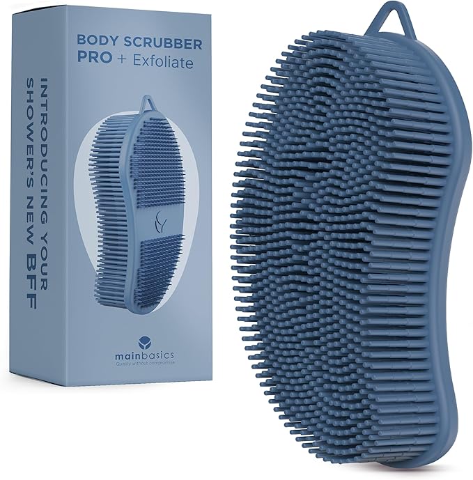 MainBasics Silicone Body Scrubber – Dual-Sided Shower Exfoliator for Men & Women, Gentle Silicone Loofah Alternative for Deep Clean (Dark Blue, Exfoliate)