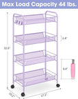 TOOLF 4-Tier Rolling Cart, Metal Utility Cart with 3 Hooks, Easy Assemble Mobile Storage Trolley On Wheels, Metal Shelving Units Kitchen Bathroom Laundry Room